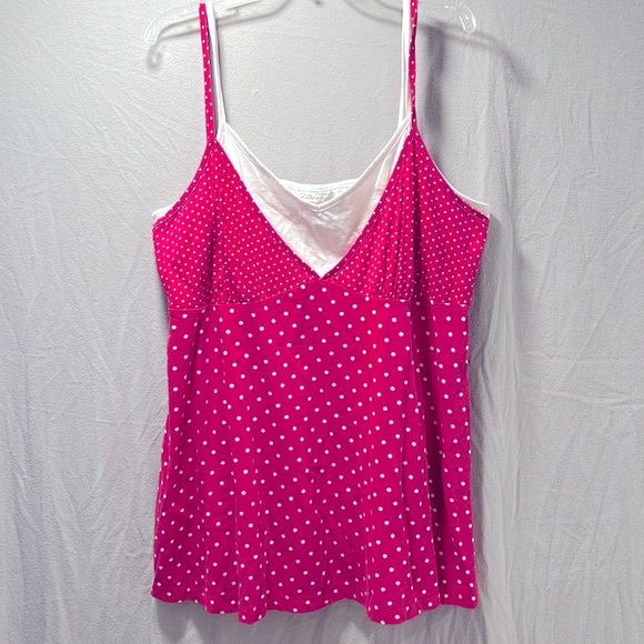 Derek Heart Plus 2X - White and Pink Polka Dot Layered Look Babydoll Tank Top - Picture 2 of 9